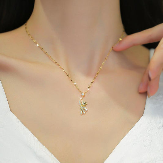 Golden Teddy Bear Pendant Necklace