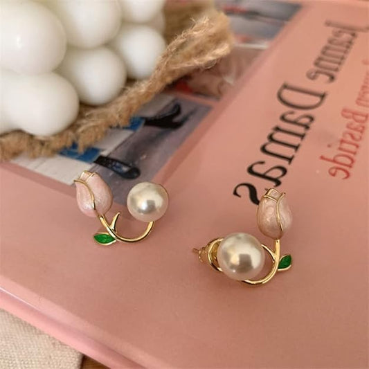 Golden, White & Pink Korean Floral Pearl Earrings For Women & Girls