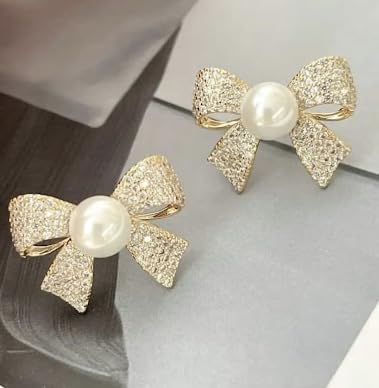 Gold Plated Korean Style Pearl Bow Stud Earrings For Women & Girls