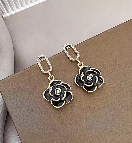Black Elegant Rose Drop Earrings For Women