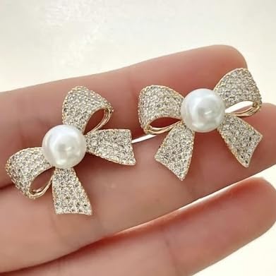 Gold Plated Korean Style Pearl Bow Stud Earrings For Women & Girls