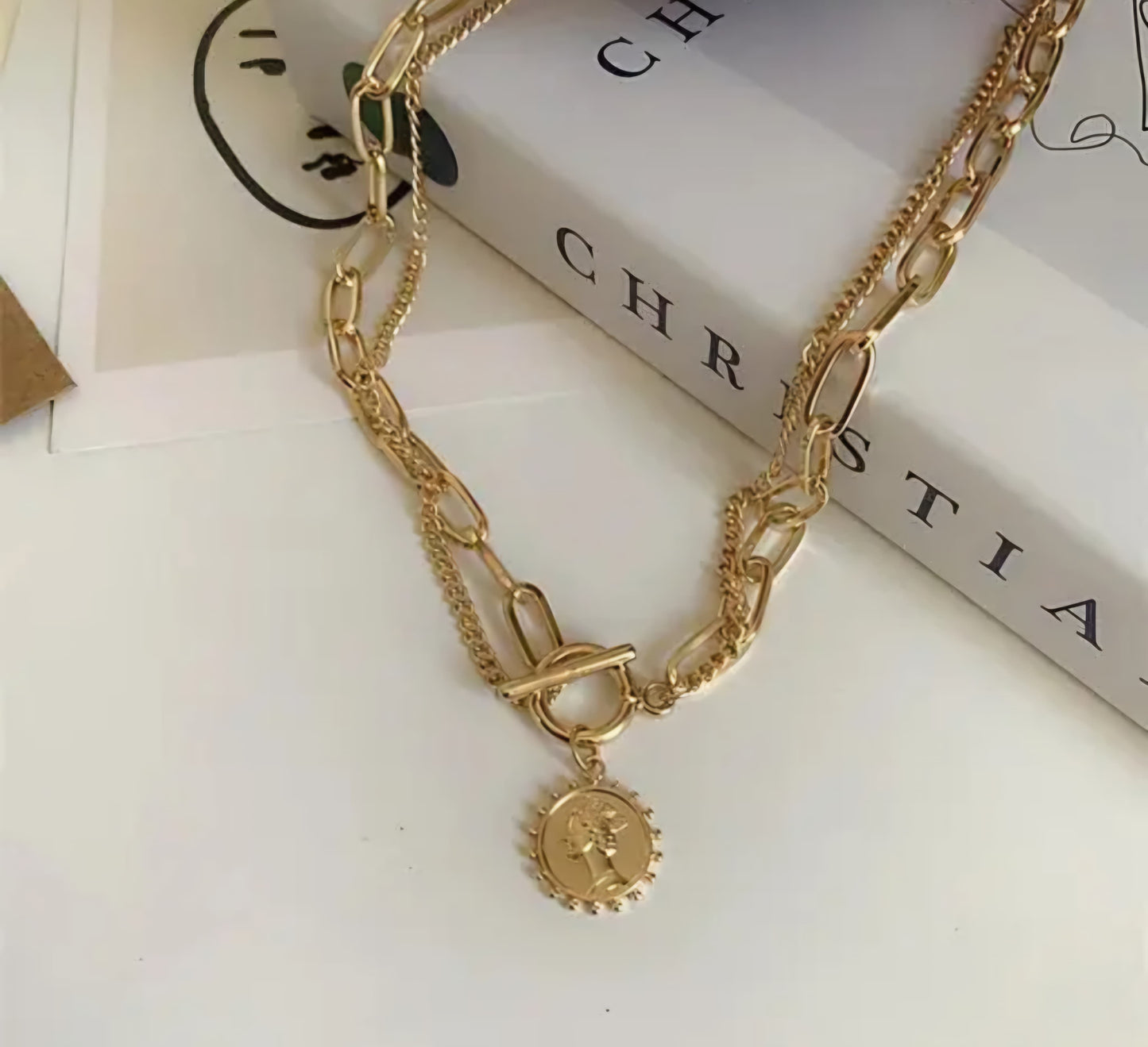 Gold Plated Korean Style Layered Chain Necklace With Vintage Coin Pendant For Women & Girls