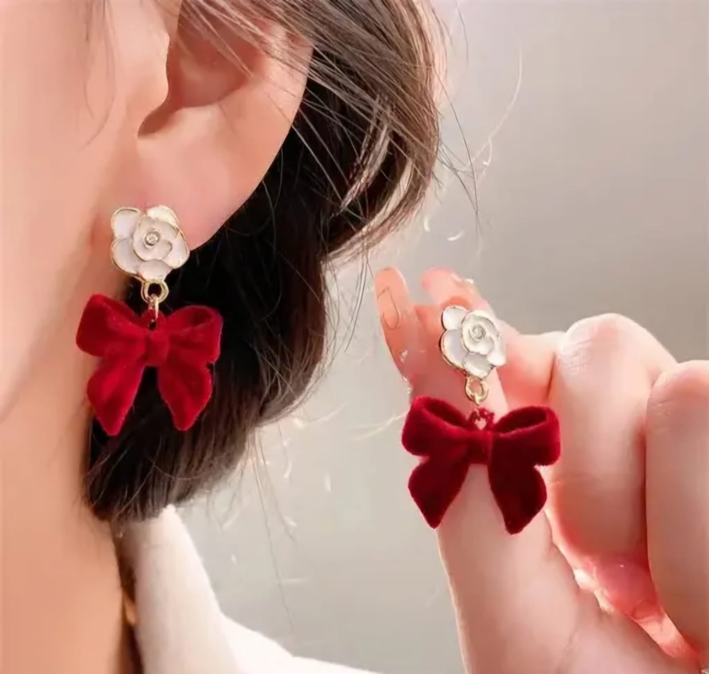 Red Korean Style Bow Drop Earrings For Women & Girls