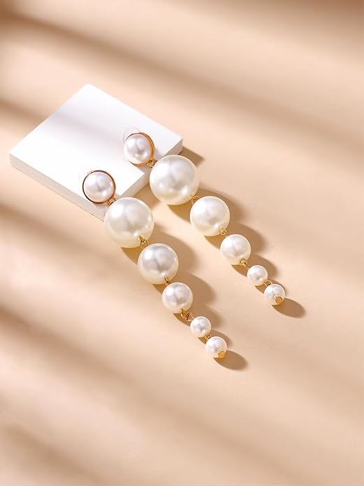 Golden Korean Style Long Pearl Drop Earrings For Women & Girls