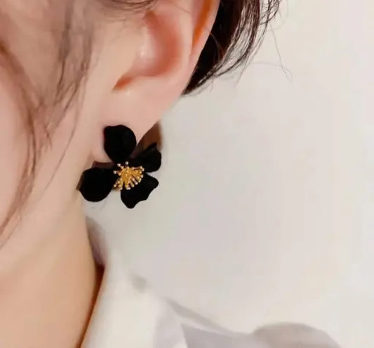 Black Korean Style Floral Fabric Earrings For Women & Girls