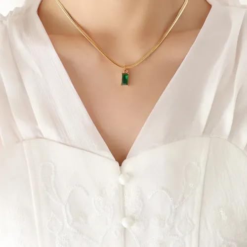 Green Gold Plated Korean Style Necklace With Green Stone Pendant For Women