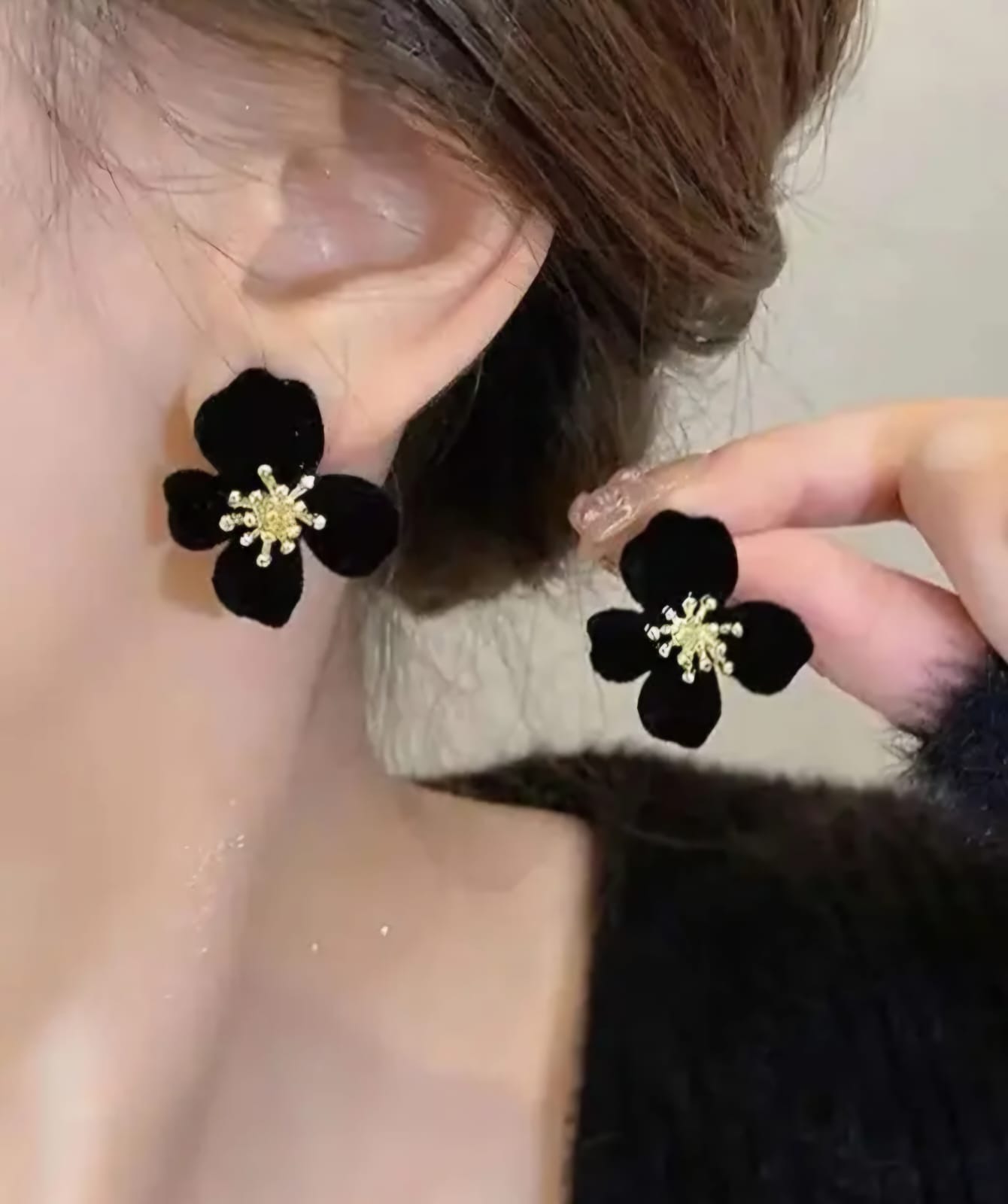 Black Korean Style Floral Fabric Earrings For Women & Girls