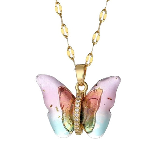Golden Korean Style Colorful Butterfly Pendant Necklace For Girls & Women
