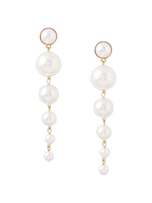 Golden Korean Style Long Pearl Drop Earrings For Women & Girls
