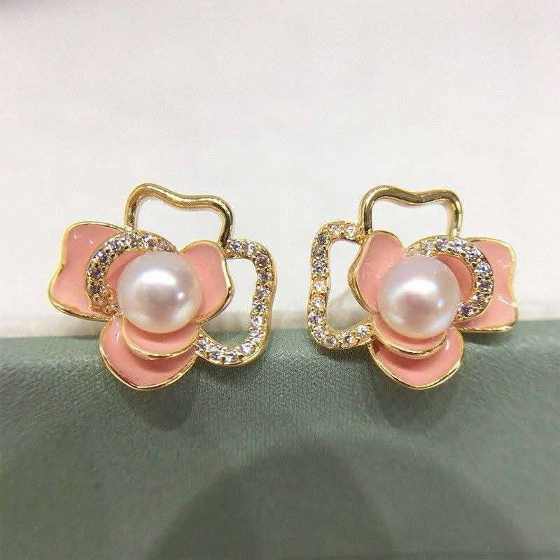 Golden & Pink Korean Style Pearl Flower Earrings For Women & Girls