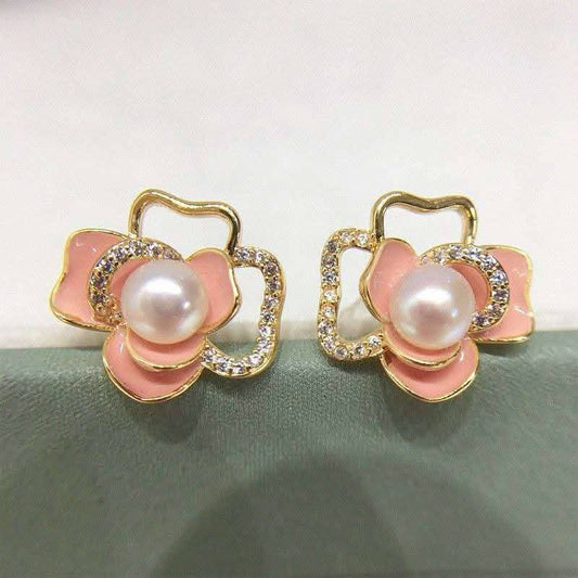 Golden & Pink Korean Style Pearl Flower Earrings For Women & Girls