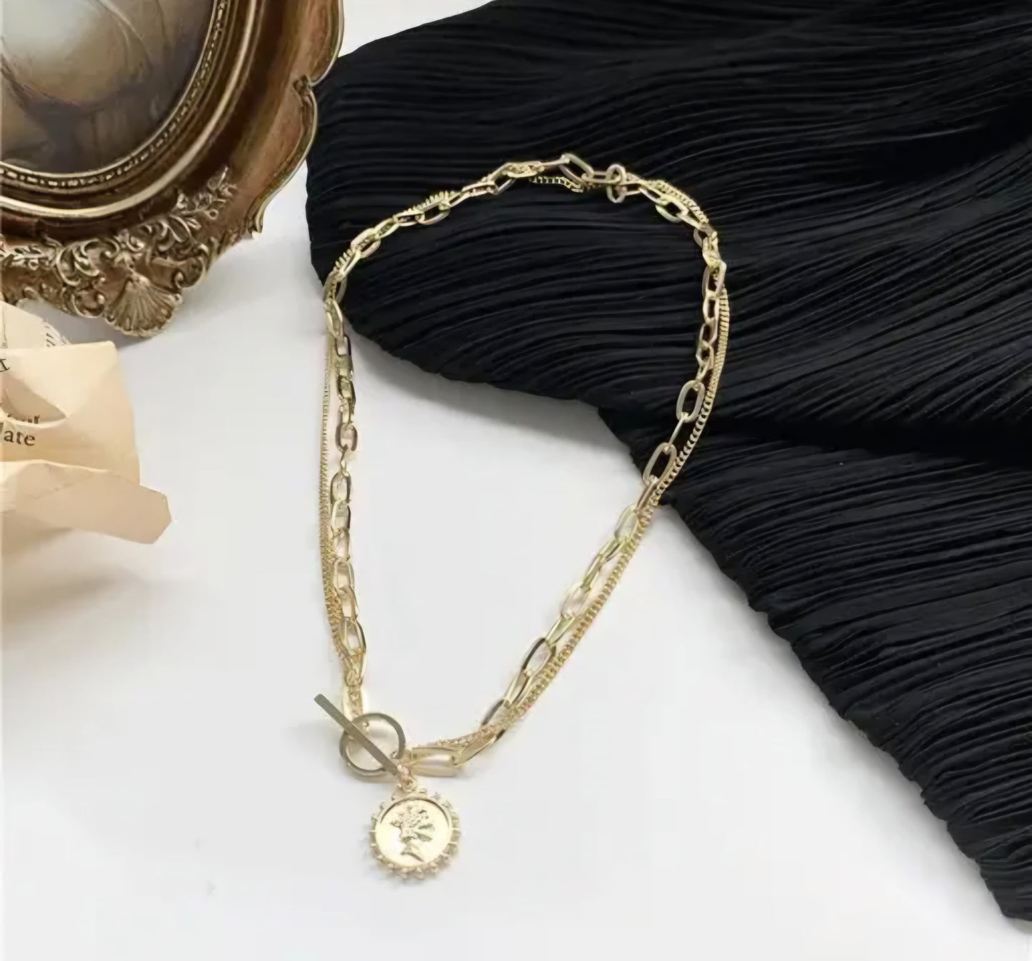 Gold Plated Korean Style Layered Chain Necklace With Vintage Coin Pendant For Women & Girls