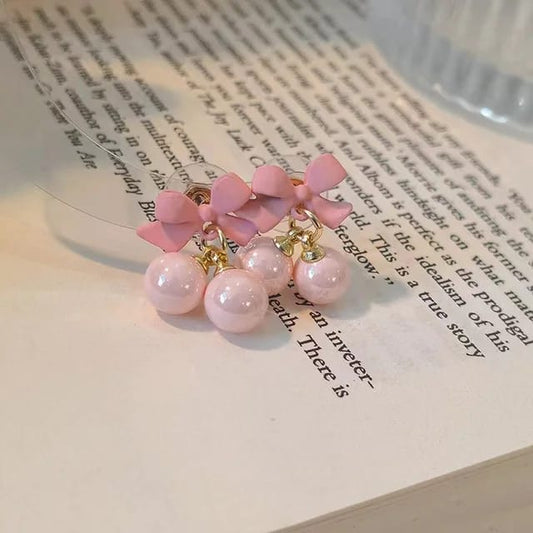 Pink Korean Style Bow & Pearl Drop Earrings For Girls & Women