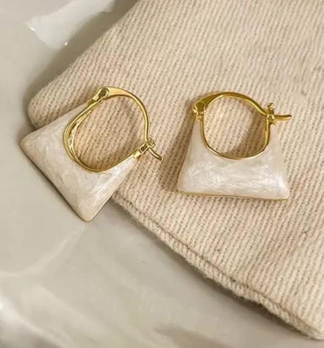 White & Gold Plated Korean Style Handbag Hoop Earrings For Women & Girls