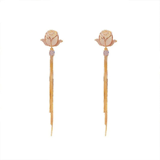 Rose Gold Rose Gold Plated Flower Shaped With Studs Long Chain Earrings