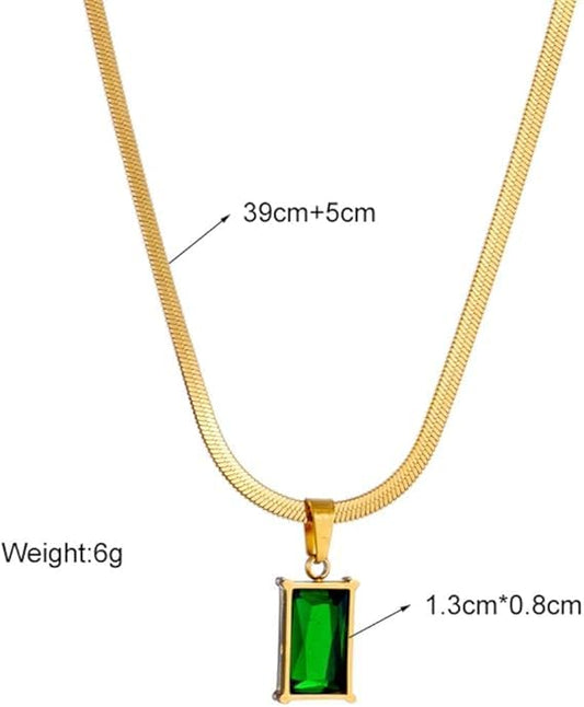 Green Gold Plated Korean Style Necklace With Green Stone Pendant For Women