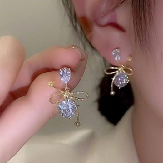 Blue Bow Stud Long Earrings