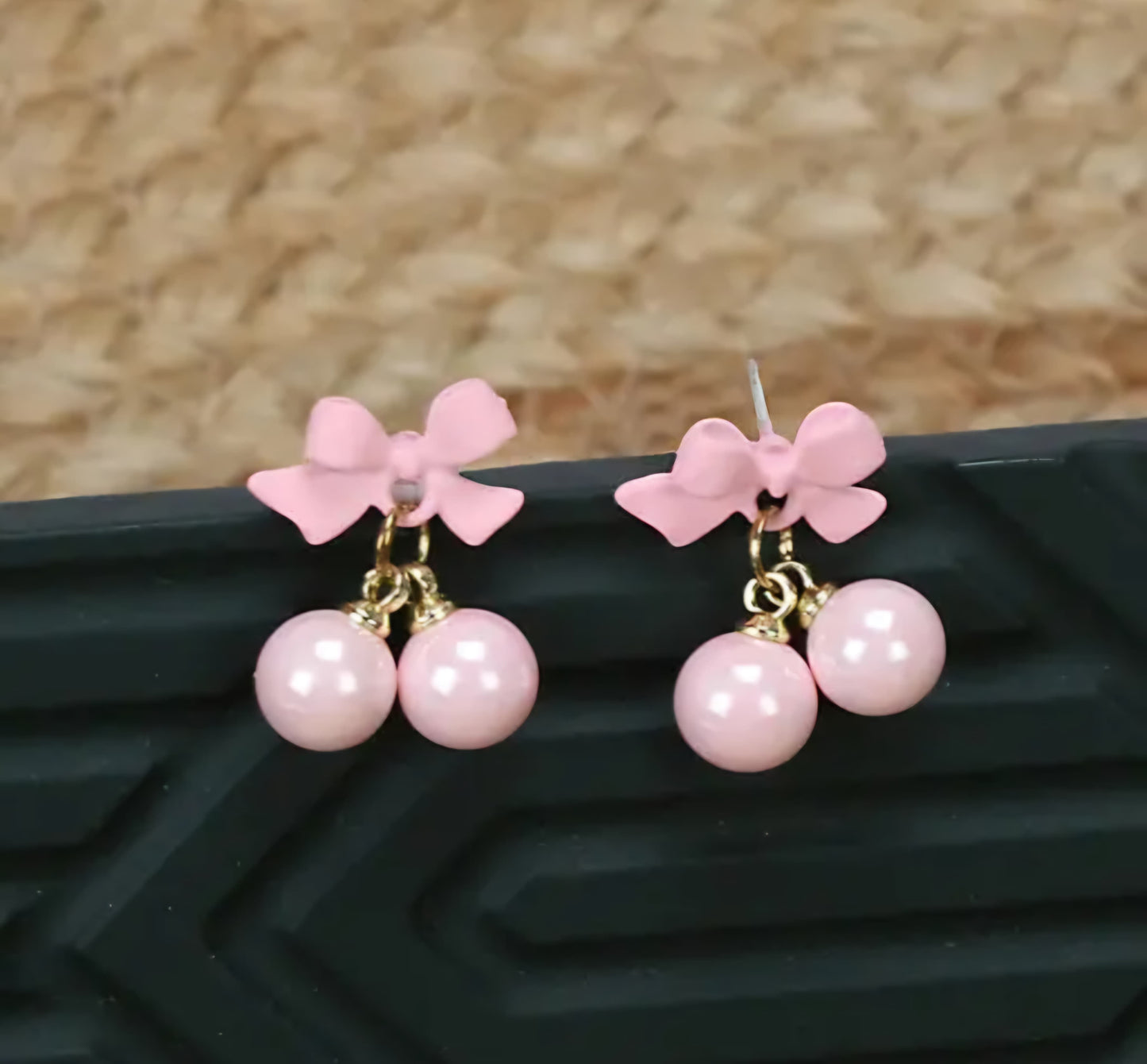 Pink Korean Style Bow & Pearl Drop Earrings For Girls & Women