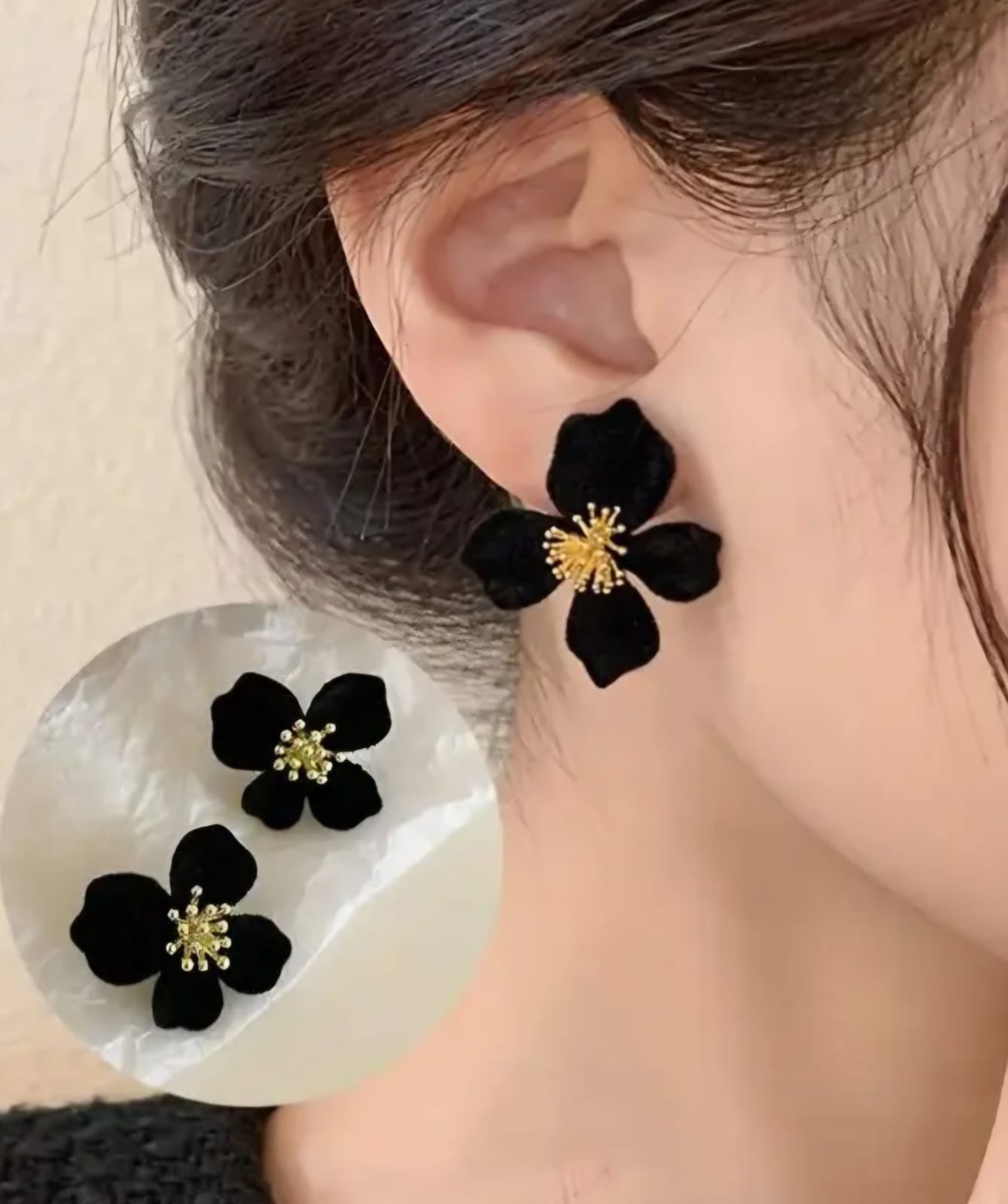 Black Korean Style Floral Fabric Earrings For Women & Girls