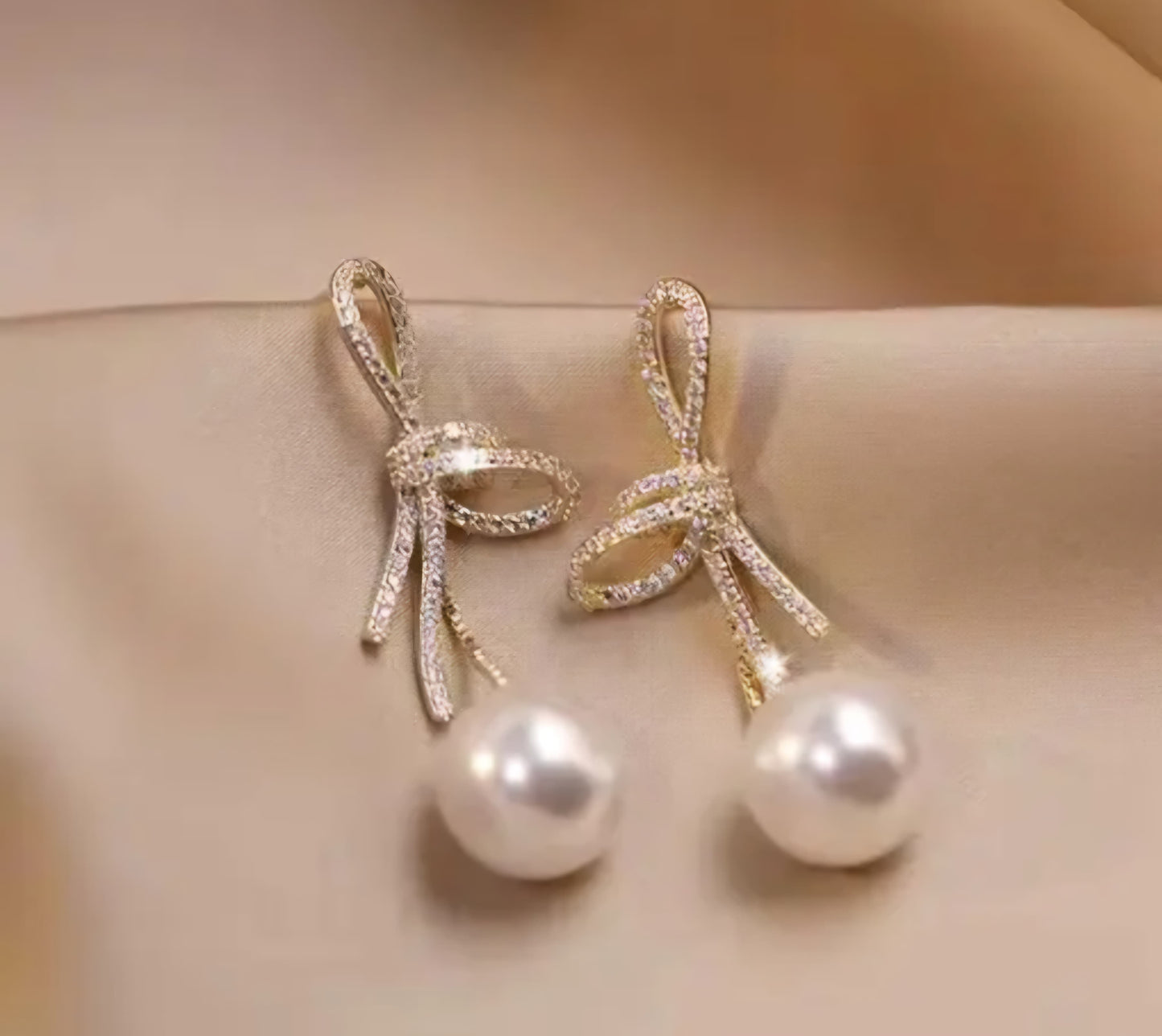 Golden & White Korean Crystal Studded Bow Pearl Drop Earrings For Girls & Women