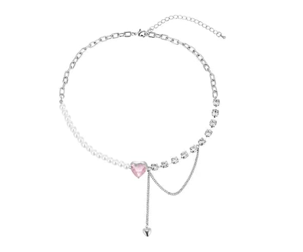 White & Silver Korean Style Pearl & Crystal Heart Pendant Necklace For Women & Girls