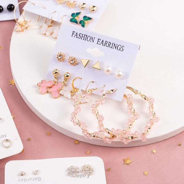 Pink Trendy 6-In-1 Butterfly & Hoop Earrings Set For Women & Girls