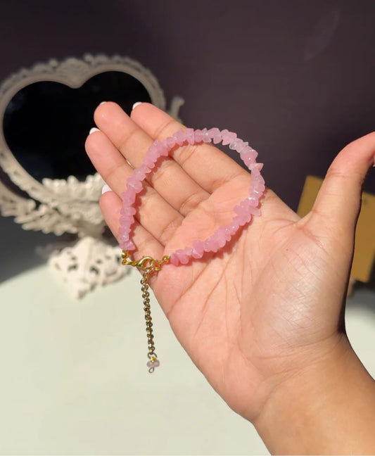 Rose Quartz Chip Bracelet With Gold Adjustable Handmade Charm Chain