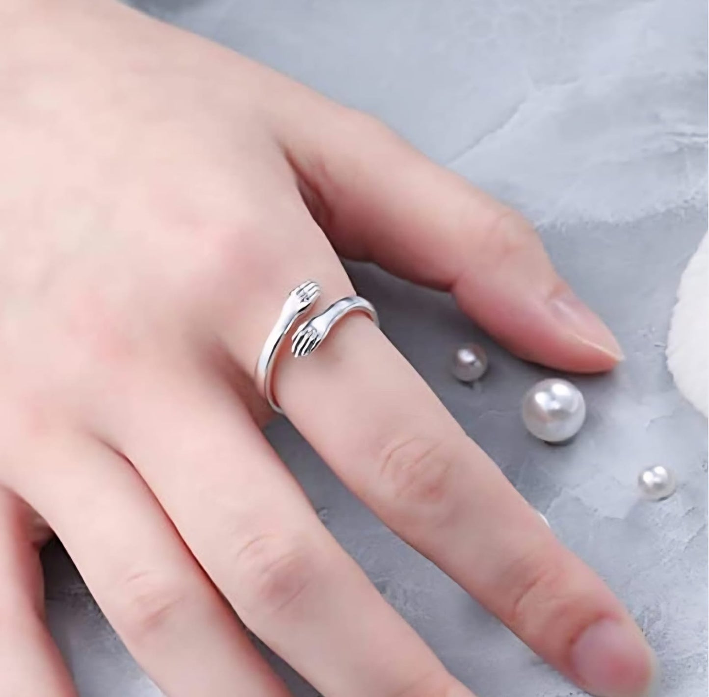 Elegant Silver Toned Hug Ring/Hand-Holding Love Bond Adjustable Ring