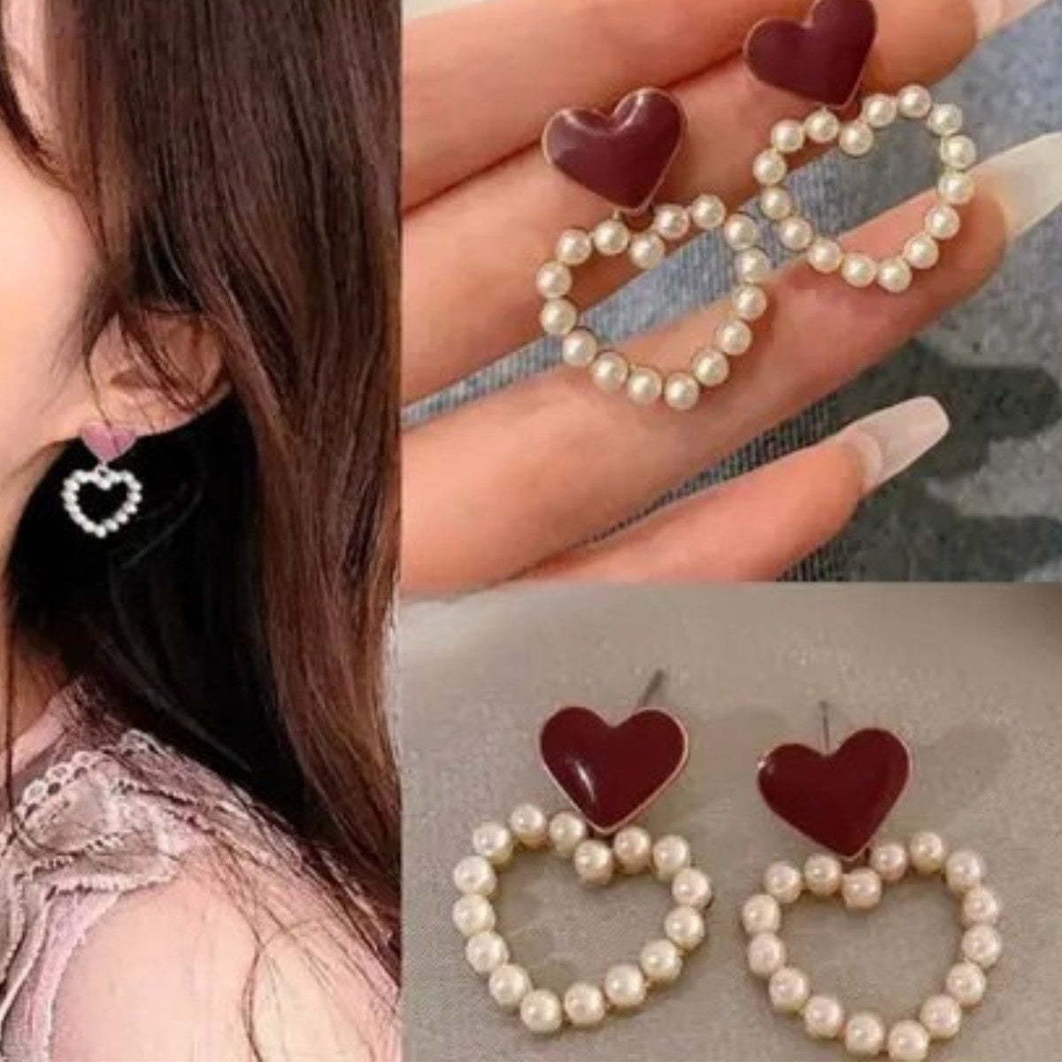 Multicolor Pearly Heart Earrings For Women