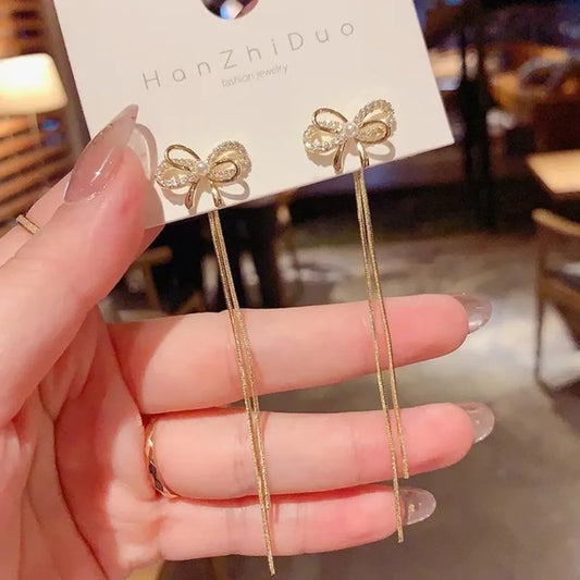 Golden Bow Knot Long Tassel Earrings