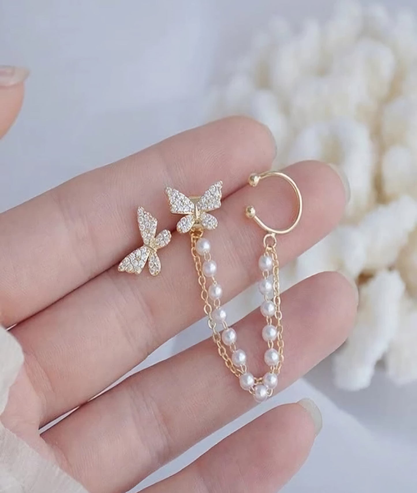White Korean Style Butterfly Stud Chain Cuff Earring For Girls & Women