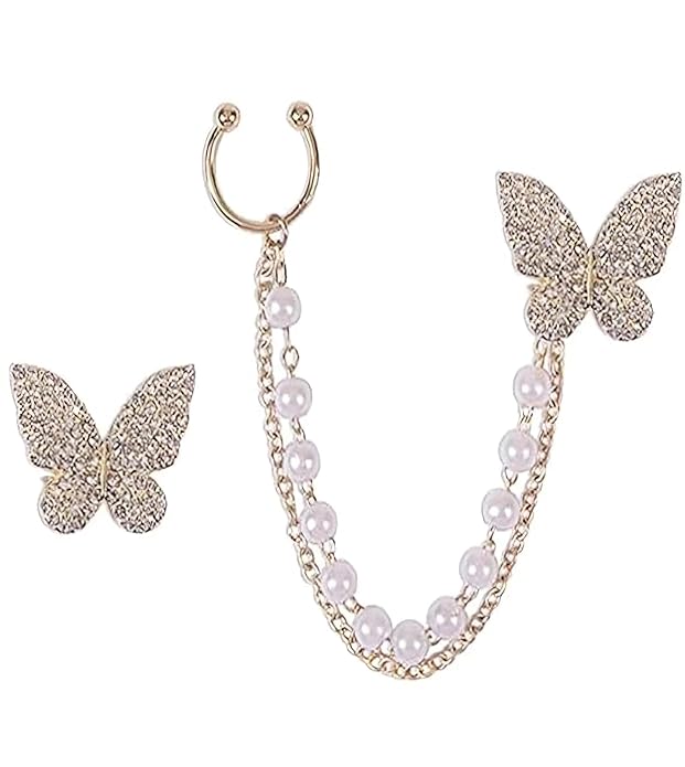 White Korean Style Butterfly Stud Chain Cuff Earring For Girls & Women