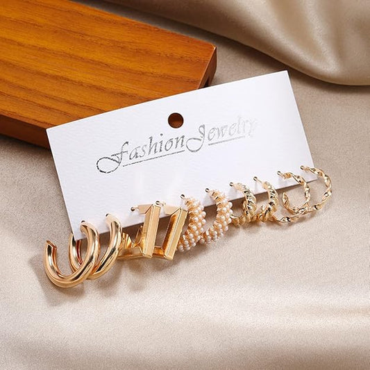 Gold-Toned Textured Hoop & Pearl Earring Combo (5 Pairs)