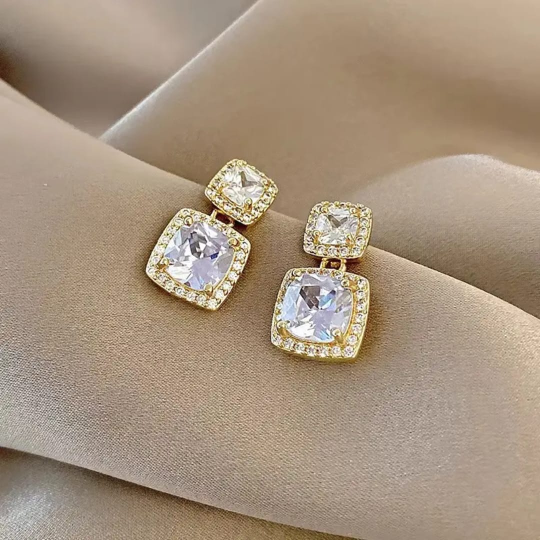 Golden Cubic Zirconia Square Drop Earrings