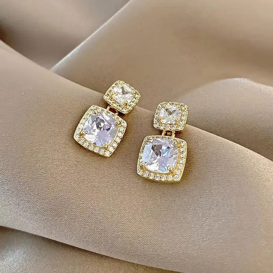 Golden Cubic Zirconia Square Drop Earrings