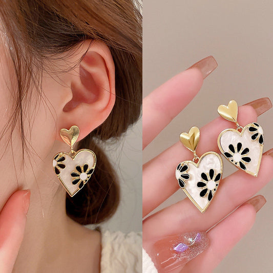 White Heart With Black Daisy Design Gold-Plated Floral Heart Drop Earrings