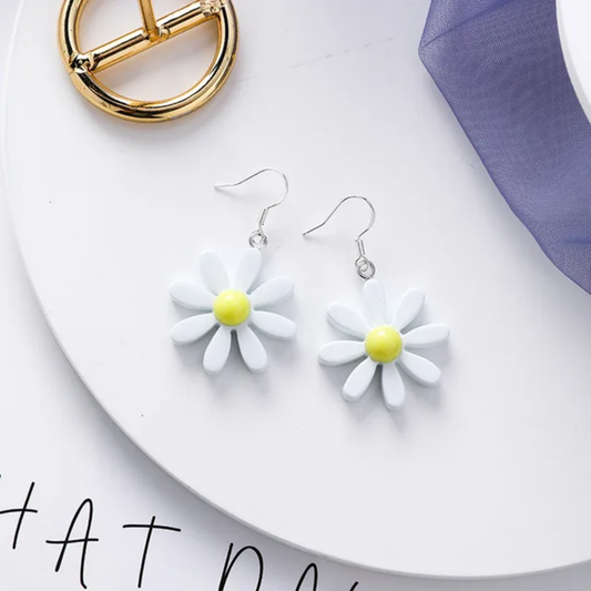 White Petals With Yellow Center Daisy Flower Drop Earrings