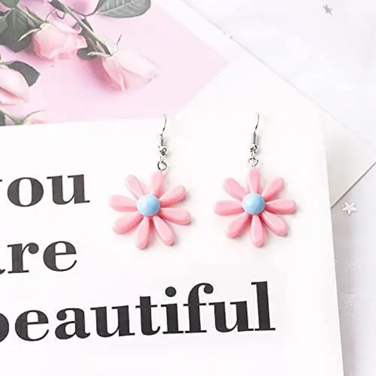 Pink Petals With Blue Center Daisy Flower Drop Earrings