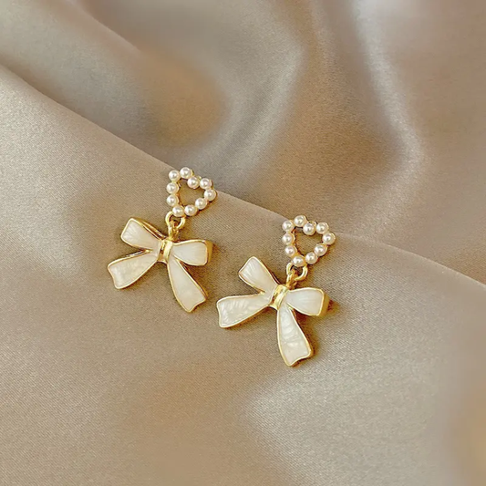 Gold-Tone Finish Elegant Bow Drop Earrings With Pearls & Heart Charm