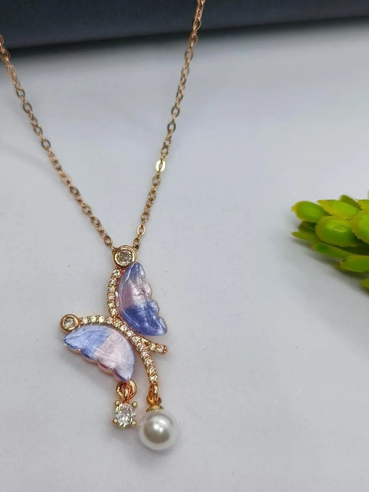 Golden Blue Elegant Butterfly Pendant Necklace With Pearl Drop For Women & Girls