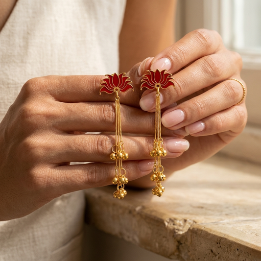 Red Lotus Long Chain Jhumki Earrings with Ghungroo Drops