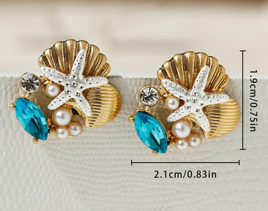 Golden Blue White Starfish Shell Pearl Stud Earrings