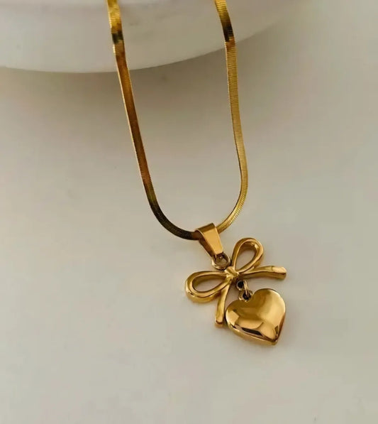 Gold Plated Heart Pendant Necklace With Bow