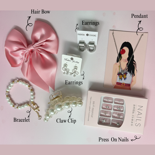 Premium Girls’ Fashion & Beauty Gift Hamper – Hair Bow, Earrings, Pendant, Claw Clip, Bracelet & Press-On Nails