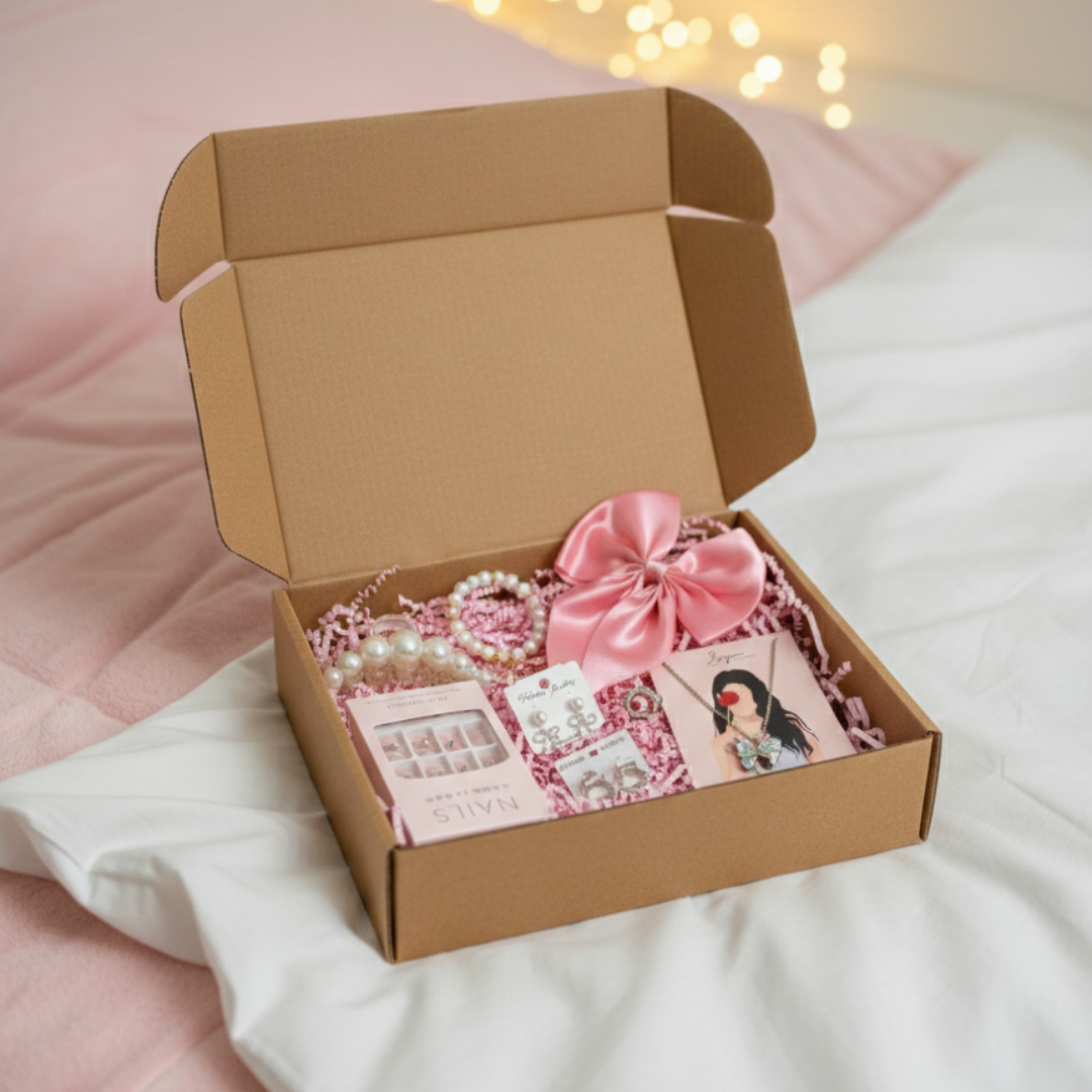 Premium Girls’ Fashion & Beauty Gift Hamper – Hair Bow, Earrings, Pendant, Claw Clip, Bracelet & Press-On Nails