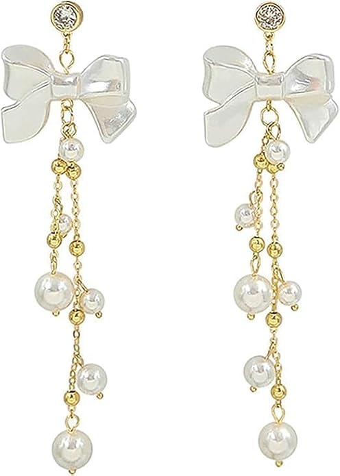 White Gold Plated Korean Style Bow Drop Earrings With Pearls For Women & Girls