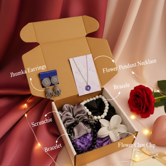 Jewellery gift hamper infographic showing labelled items including jhumka earrings, flower pendant necklace, satin scrunchies, beaded bracelet and flower hair clip.