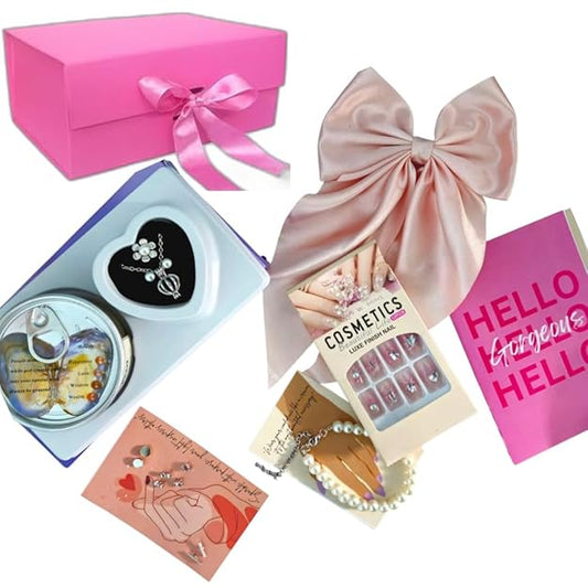 Silver 6 In 1  Love Pearl Jewelry Gift Set, Nail Extensions, Hair Bow, Earrings, Bracelet & Pink Gift Box For Women & Girls