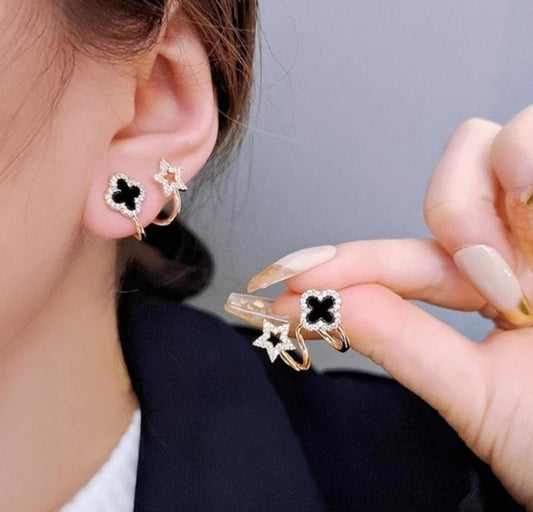 Black Gold Plated Korean Style Adjustable Clover & Flower Earring Set For Girls/Women