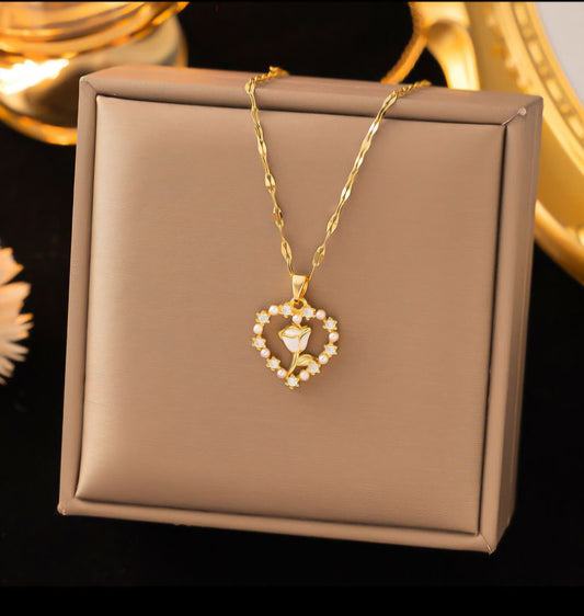 Gold Plated Korean Style Dreamy Heart Pendant Necklace With Floral Design For Women & Girls